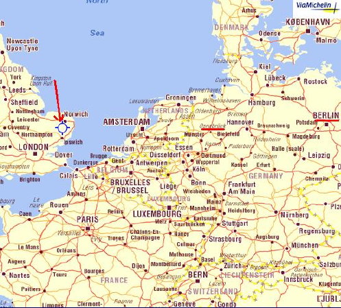 003 Map of England, France, Germany - with location of Thorpe Abbotts, Norfolk